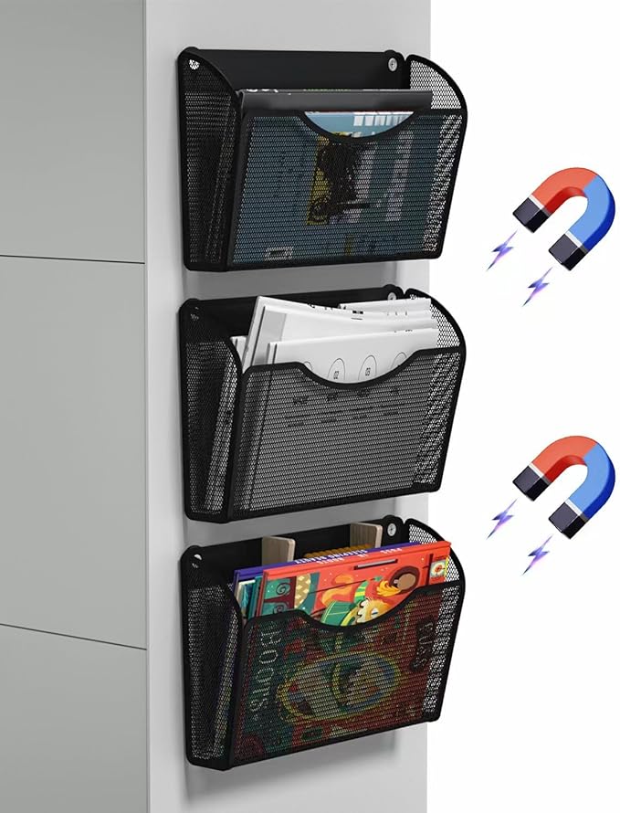 3 Pack 1-Tier Magnetic File Holder - No Drilling Installation File Organizer, Large Capacity Magnetic File Holder for Refrigerator, File Cabinets, Whiteboard, Office, Kitchen
