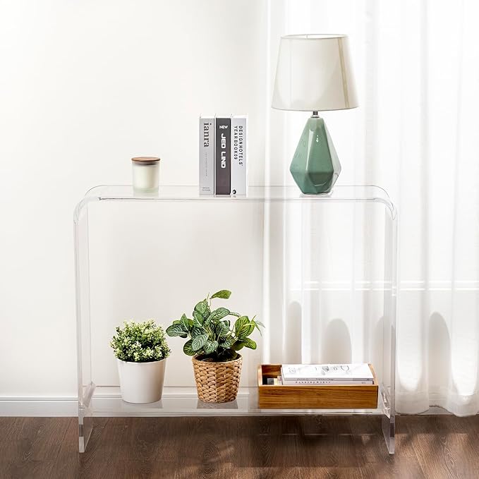 MyGift Premium 15mm Clear Acrylic Entryway Console Table with Bottom Display Shelf, 2 Tier Living Room Sofa Back Storage Shelves Modern Luxury Home Decor