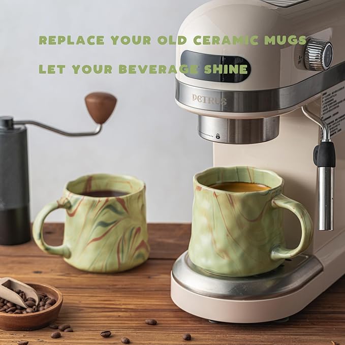 Abstract Art Ceramic Coffee Mugs Set - 2 Pack, Mint Green with Red and White Accents, Handcrafted Design for Modern Kitchen or Office