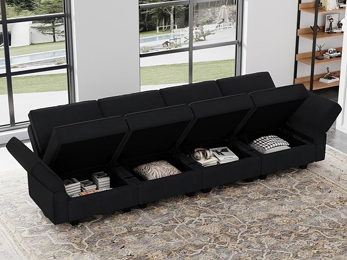 Belffin Modular Sofa Couch with Storage Seats Sectional Sofa Velvet Sofas for Living Room Black