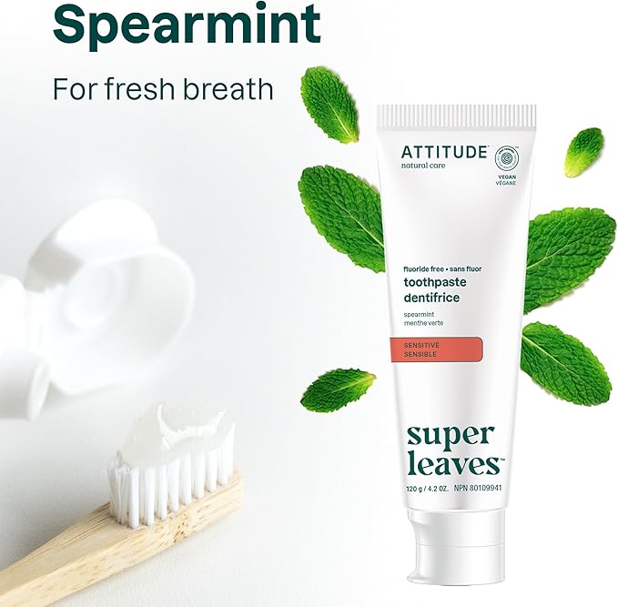 ATTITUDE Sensitive Toothpaste with Fluoride, Spearmint Flavor, Vegan & Cruelty-Free, Sugar-Free, Plant & Mineral-Based Ingredients, Clean Oral Care, 4.2 Oz