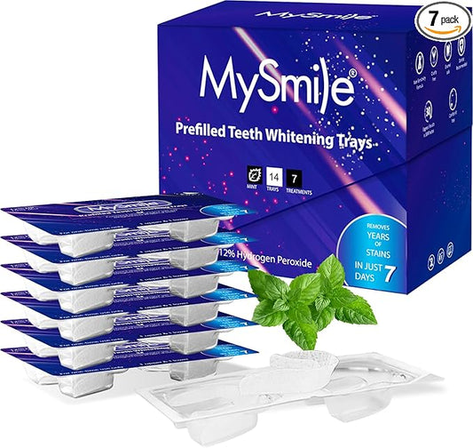MySmile 7 Treatments Prefilled Teeth Whitening Trays Kit with 12% Hydrogen Peroxide Whiter Gel for Sensitive Tooth, Fast-Result Vegan Teeth Whitener Tooth Stain Remover, Mint Flavor