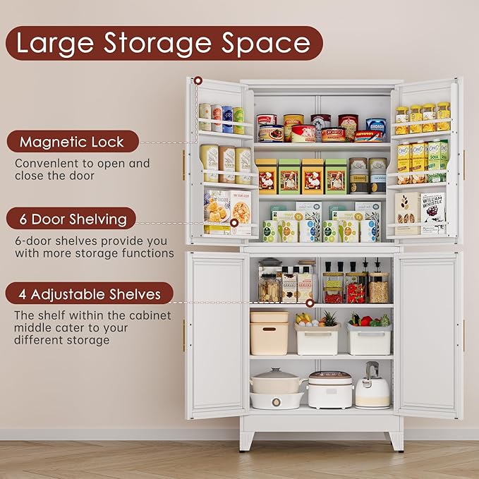 75" H Metal Storage Cabinet, Pantry with 6 Door Shelves and 4 Adjustable Shelves, Leveling Foot for Kitchen, Living Room and Dinning Room, White