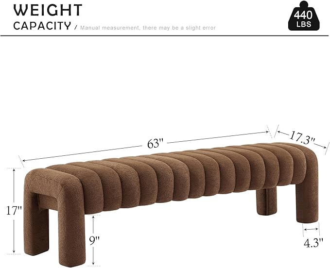 63" Bedroom Bench, Upholstered Entryway Bench, Modern End of Bed Ottoman with Solid Wood Legs and Adjustable Foot Pegs for Entryway, Dining Room and Living Room (Brown Boucle)