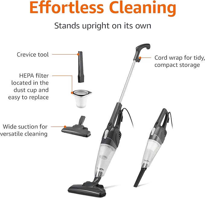 Amazon Basics 2-in-1 Corded Stick Vacuum Cleaner, Convertible to Handheld, Lightweight (3.9 LBS), with Washable HEPA Filter, Crevice Tools, 0.5L Dust Cup, 19.7-Ft Cord, 300W, Black