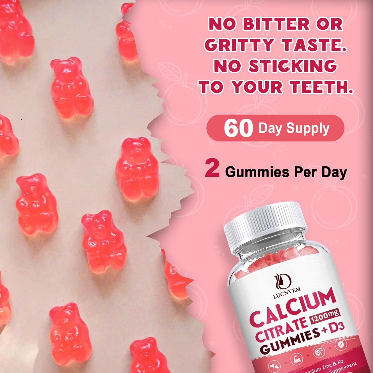 (2 Pack) Calcium Citrate 1200mg with Vitamin D3 Supplements Gummies for Women & Men, Calcium Gummies with Vitamin D3 K2, High Absorption for Bone Muscle Healthy- Peach Flavor- 60 Day Supply