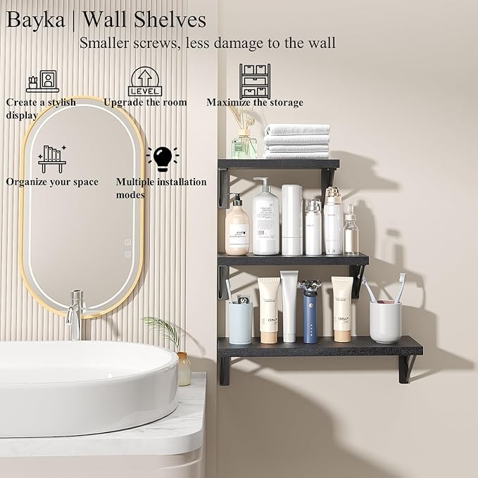 BAYKA Wall Shelves for Bedroom Decor, Floating Wall Shelves for Living Room Kitchen Storage, Wall Mounted Rustic Wood Floating Shelves for Kids Books, Corner Shelves for Bathroom, Office(Set of 3)