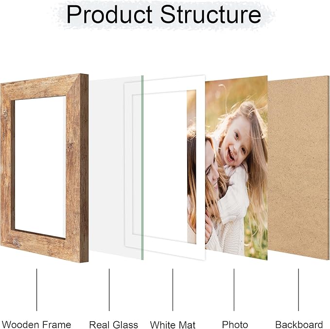 4x6 Picture Frame Set of 4, 4 x 6 Wood Photo Frames with Mat for 3.5x5, Natural Wooden Frame with Real Glass Cover for Wall and Tabletop Display,Brown