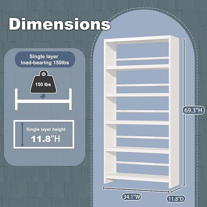 69" Tall Bookcase, 5-Tier Wide Bookshelf, Library Book Case with Display Shelf, Lightweight Metal Bookshelves, Industrial Book Shelf for Home, Office, Library, and School (White)