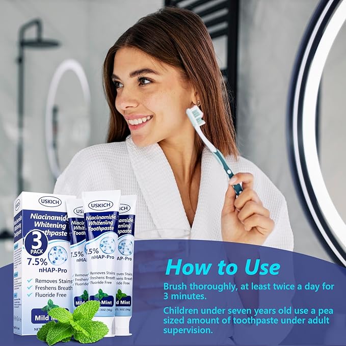 3 Pack Whitening Toothpaste,Fresh Breath Nano Hydroxyapatite Toothpaste for Remineralizing Enamel & Sensitive Relief,Whitening,Antiplaque,Natural Peppermint,Fluoride-Free