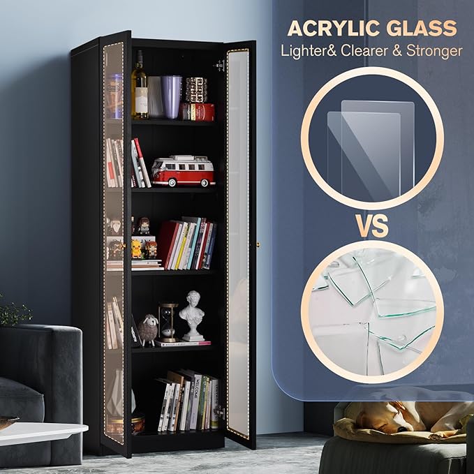 5 Tier Metal Curio Cabinets, 71" Tall Modern Bookshelf Cabinet with 4 Adjustable Shelves, Cabinet Display Case for Home Office, Living Room, Pantry, Assemble Required, Black