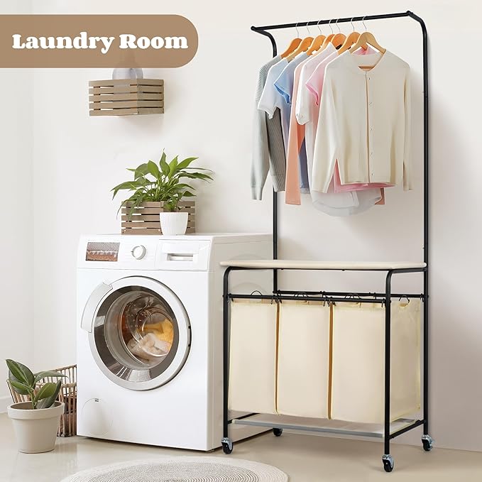 MYOYAY 3 Section Laundry Sorter with Garment Hanging Bar Rack Foldable Ironing Board, Laundry Basket Organizer Heavy Duty Laundry Hamper Rolling Cart with Lockable Wheels and 3 Removable Bags