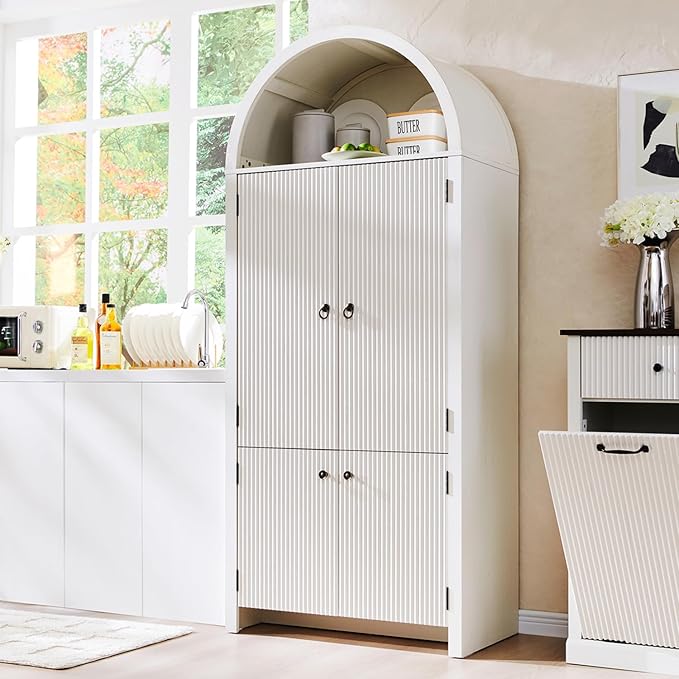 71" Tall Arched Bathroom Storage Cabinet, Modern Fluted Storage Cabinet w/Doors, 3 Adjustable Shelves, 6 Door Shelves, Wood Freestanding Cabinet for Bathroom, Entryway, Hallway, Antique White