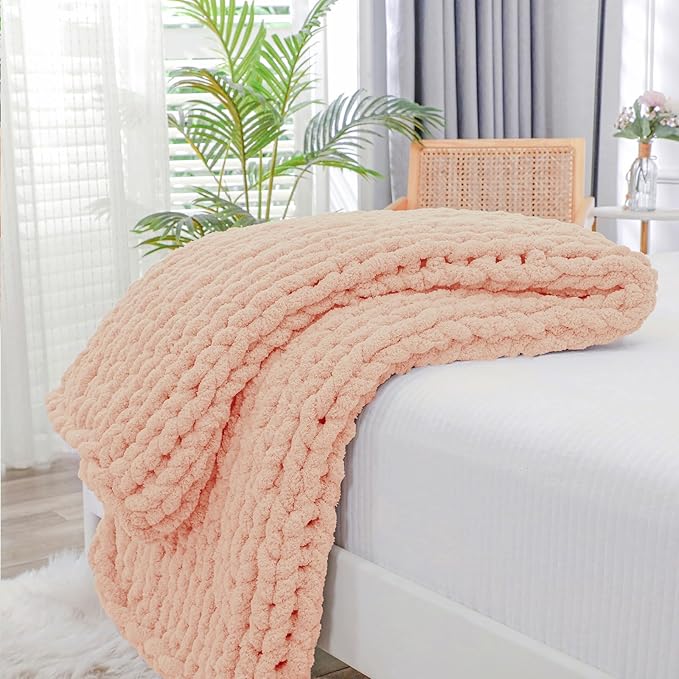 Bigacogo Chunky Knit Throw Blanket for Couch, 40x60 inches, 100% Hand Knitted with Thick Jumbo Chenille Yarn, Cozy Soft Large Rope Knot Cable Crochet Blankets for Sofa Bed Living Room, Peach Fuzz
