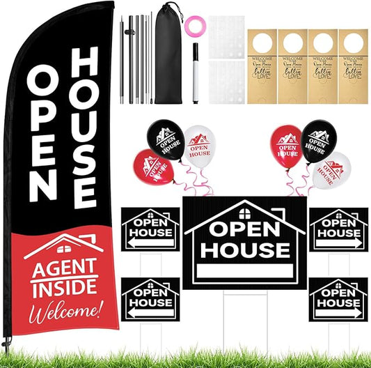 44 Pcs Open House Signs for Real Estate, Double Sided Open House Flag Kit, 7.6 x 5.4 Ft Black Banner Flag Poles Set for Outside, Directional Arrows Sign Stakes Balloons for Open House Supplies