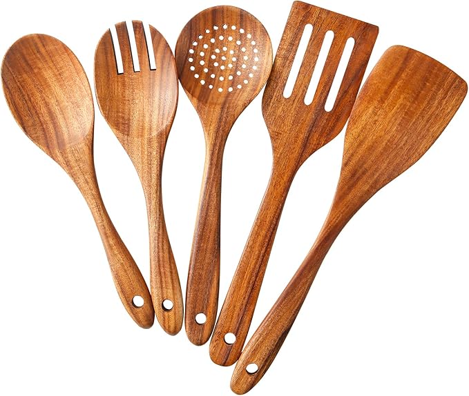 5 Piece Wooden Spoons for Cooking - Natural Finish Wooden Cooking Utensils - Soft Grip Wood Spoons - Non-Stick Wooden Spoons