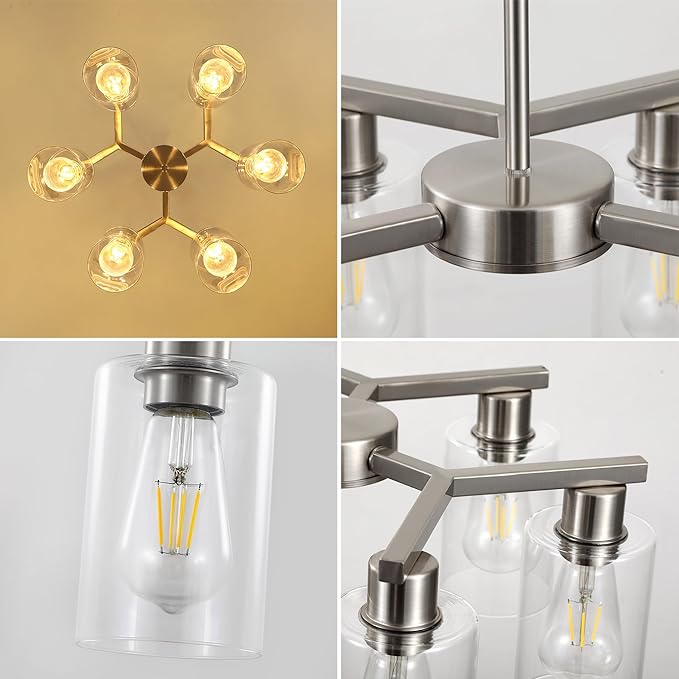 6-Light Farmhouse Brushed Nickel Chandelier,Modern Chandeliers for Dining Room Light Fixture Over Table,Adjustable Hanging Industrial Rustic Pendant Lights Kitchen Island Light with Clear Glass Shade