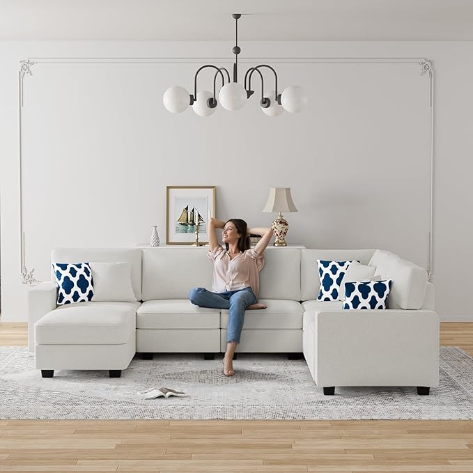 L Lengend Vansen Modular Sectional Sofa U Shaped Couch with Ottoman Modern Reversible Corner Sectional Couch for Living Room (Cream, U Shaped Sofa-2)