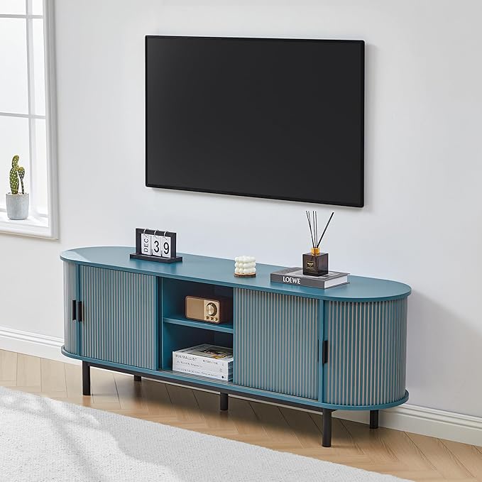 62" Tambour Door TV Stand,Wood Mid Century Modern TV Cabinet for Up to 75“ TV,Curved Edge Long TV Stand with Storage for Bedroom Living Room(62.2inch,Blue)
