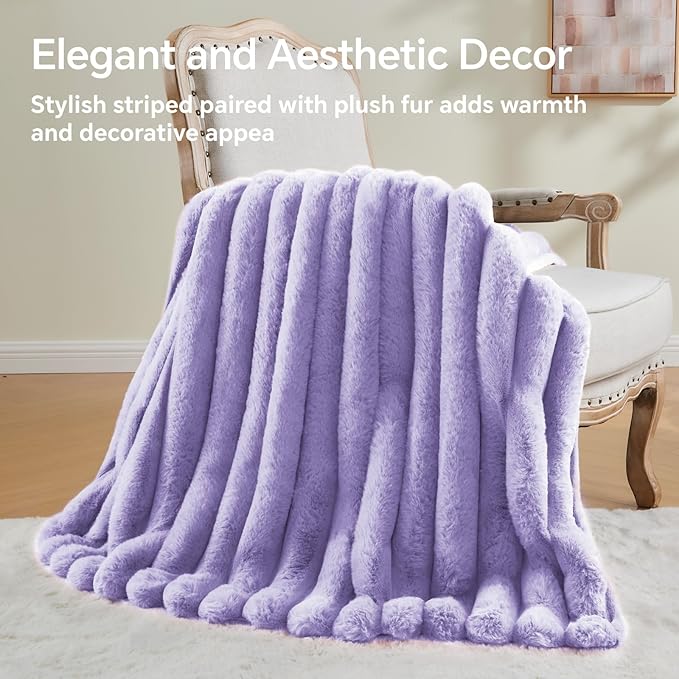 BEDELITE Faux Fur Throw Blanket for Couch, Soft and Cozy Luxurious 3D Striped Fluffy Blanket, 770GSM Thick Warm Plush Fuzzy Faux Rabbit Fur Blanket for Women Gift (Lavender, 60"x 80")