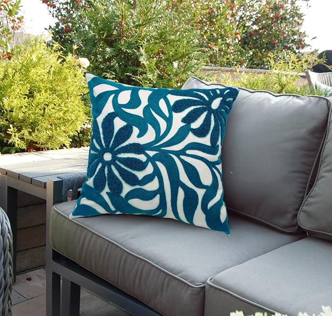 Alysheer Farmhouse Floral Leaves Embroidered Decorative Throw Pillow Cover 18x18 inches, Boho Tufted Flowers Embroidery Pattern Chic Cotton Cushion Case for Couch Bed Sofa Living Room(Teal Blue)
