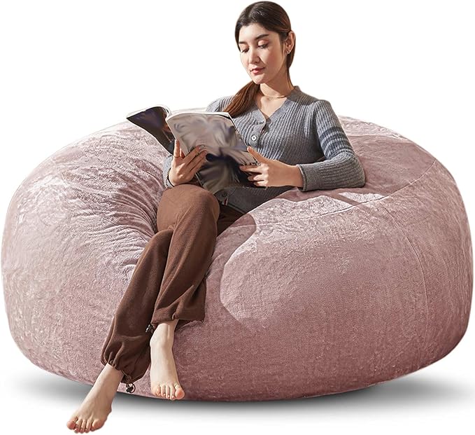 Bean Bag Chair 5Ft, Memory Foam Filled, Large Beanbag Chairs for Adults and Teens, Soft Sofa with Removable Flannel Cover, Round Couch for Living Room Bedroom College Dorm (Pink, 5FT-60×60"×24")