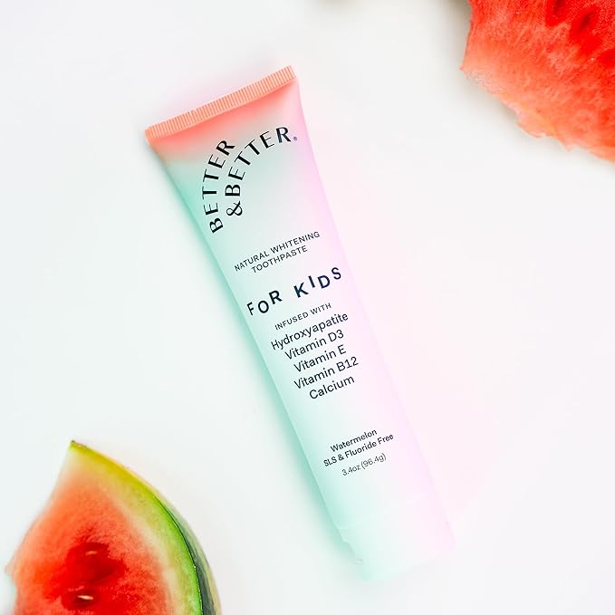 Better & Better Kids Toothpaste | Natural Hydroxyapatite Toothpaste Infused w/Calcium & Vitamins D, E, B12 | Fluoride & SLS Free for Sensitive Brushers | Watermelon Flavor | 3.4oz, 3 Pack