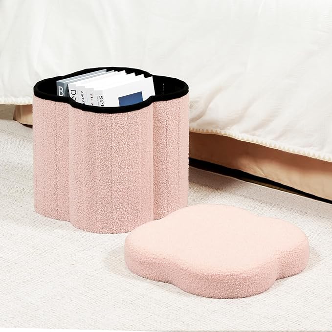 B FSOBEIIALEO Storage Ottoman Cube, Flowers Shaped Ottomans with Storage Foot Stool Footrest for Lving Room, Boucle Ottoman Seat for Dorm Room,Faux Teddy Fur, Pink 12.6"x12.6"x12.6"
