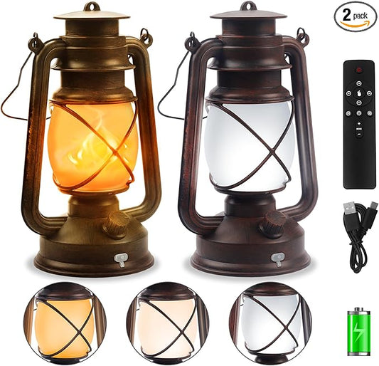 2 Pack Bronze Vintage 4 Modes Light LED Lanterns，Rechargeable Dancing Flame Lanterns Decorative Outdoor&Indoor, Remote Control Waterproof Hanging Lights for Camping,Patio Garden Pathway