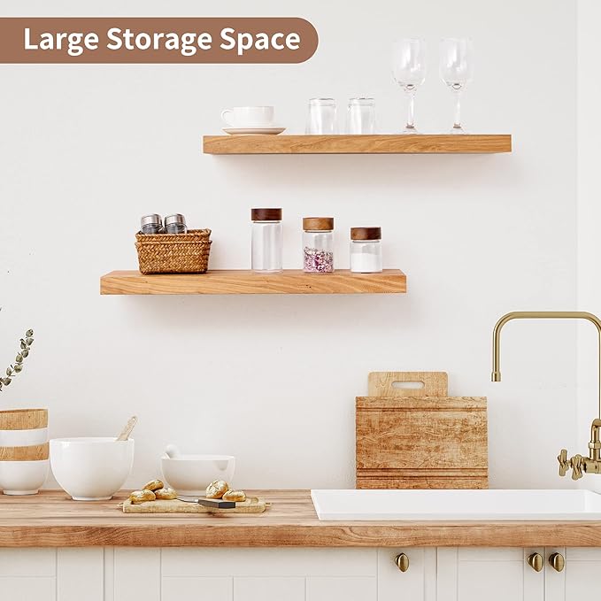 Axeman Floating Shelves for Wall, 24''W x 8'' D Rustic Solid Elm Wood Shelves for Storage, Wall Mounted Display Shelving with Invisible Heavy-Duty Metal Bracket (Natural, 2PCs)