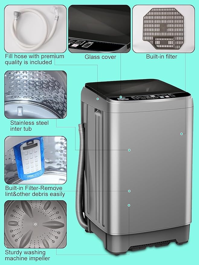 25 lbs Full Automatic Washing Machine with LED Display Compact Washing Machine with Drain Dump, 10 Wash Programs and 8 Water Levels Ideal for Dorms, Apartments, RV, Grey