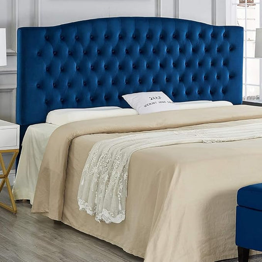 24KF Upholstered Button Tufted King Headboard and Velvet Fabric King/California King- Navy