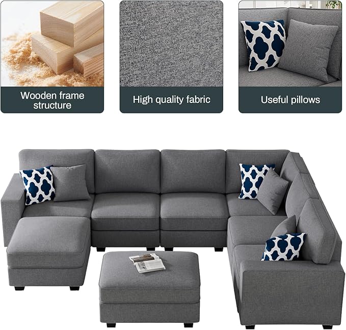 L Lengend Vansen Modular Sectional Sofa U Shaped Couch with Ottoman Modern Reversible Corner Sectional Couch for Living Room (Dark Grey, U Shaped Sofa-3)