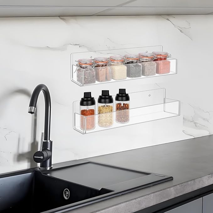 Acrylic Spice Rack Wall Mount-12 Inch, Clear Spice Shelf Storage Holder, 4 Pack Hanging Seasoning Rack Organizer for Cabinet Door, Cupboard or Wall Kitchen (Adhesive or Screw)