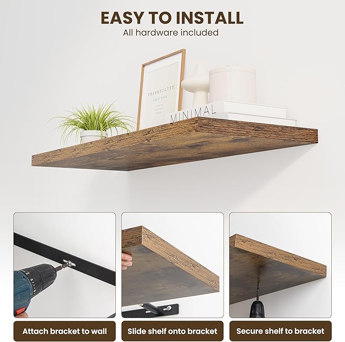 24" Floating Shelves for Wall, 12" Deep Slim Rustic Brown Floating Shelves, Wall-Mounted Shelves for Bedroom, Living Room, Kitchen, Bathroom - Set of 2