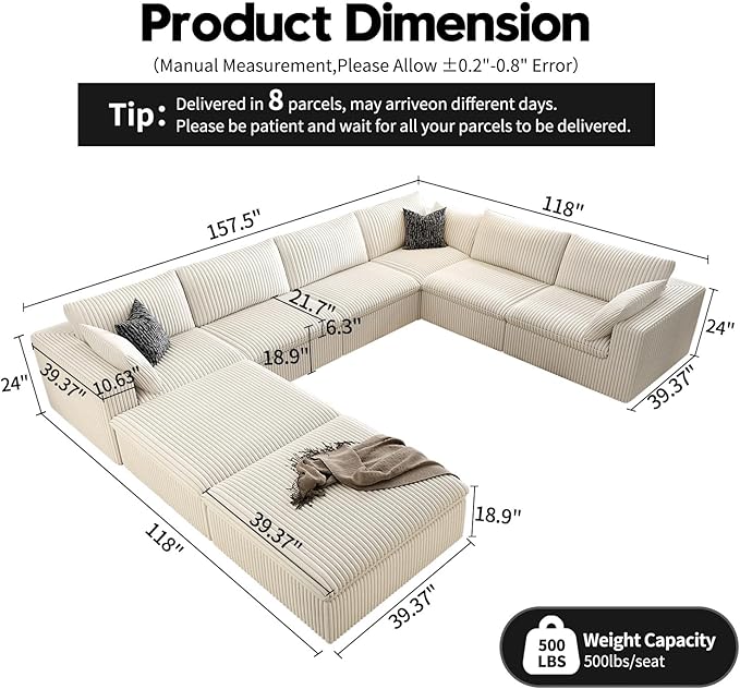 157.5" Cloud Couch Oversized Modular Sectional Sofa for Living Room,Modern Sofa with Deep Seat，8 Seater Boneless Couch with 2 Ottoman,Comfy Upholstered Couches for Apartment, Studio, Office,White