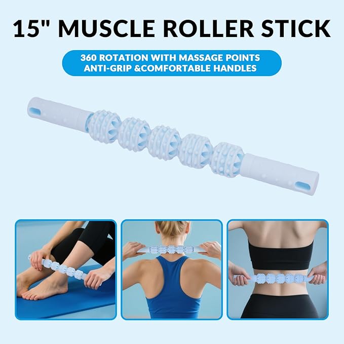 7 in 1 Foam Roller,Products Include Foam shafts,Muscle Roller Bars,Leg Massagers,Fascia Balls,Stretch Bands,8-Shaped Resistance Bands,are Used for Full-Body Relax,Yoga(White Pink Blue) (Blue)