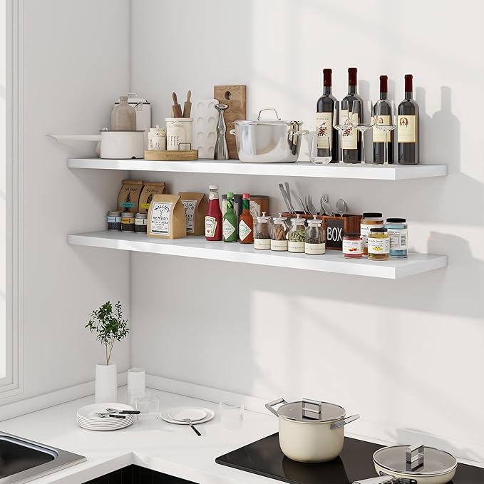 55" Floating Shelves for Wall, 12" Deep Slim White Floating Shelves, Wall-Mounted Shelves for Bedroom, Living Room, Kitchen, Bathroom - Set of 2
