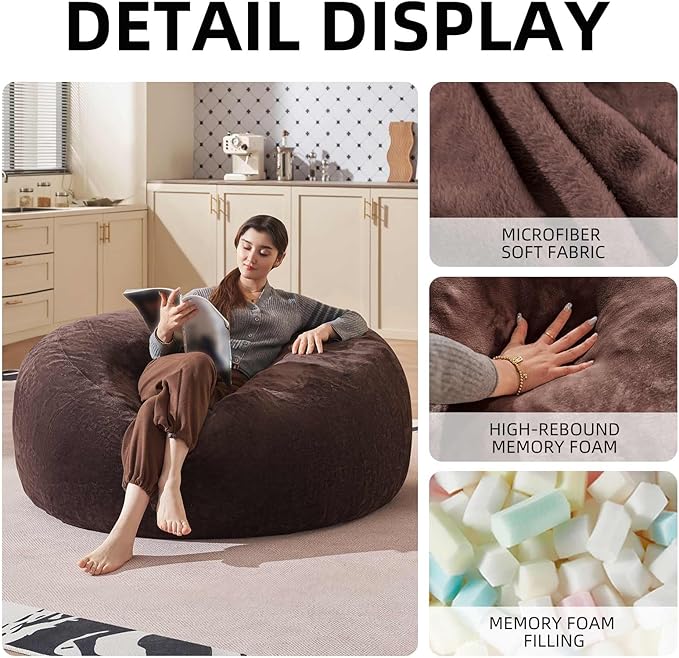 Bean Bag Chair 4Ft, Memory Foam Filled, Large Beanbag Chairs for Adults and Teens, Soft Sofa with Removable Flannel Cover, Round Couch for Living Room Bedroom College Dorm (Brown, 4FT-47×47"×24")
