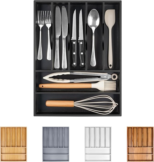Bellsal Bamboo Silverware Drawer Organizer, Utensil Kitchen Drawer Organizer, Utensil Holder Cutlery Tray with Grooved Drawer Dividers for Kitchen Utensils and Flatware Bedroom Office (7 Slot, Black)