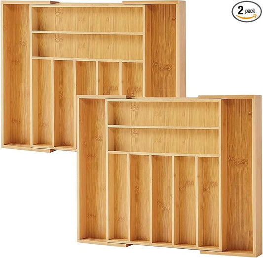 Bamboo Drawer Organizer, 2 Pack - Expandable Silverware Organizer & Utensil Drawer Organizer, Cutlery Tray with Dividers, 7-9 Slots- Premium Kitchen Organizer for Utensils & Flatware (Natural)