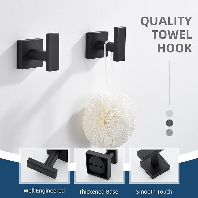 Angle Simple Bathroom Towel Hooks, Stainless Steel Robe Coat Hooks for Wall, Matte Black, 2 Pack