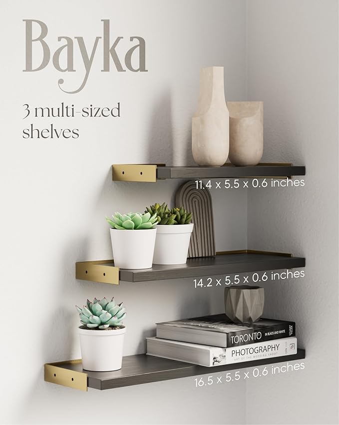 BAYKA Floating Shelves for Bedroom Decor, Wall Shelves for Storage, Wall Mounted Rustic Wood Floating Shelf for Books,Corner Shelf for Bathroom,Kitchen,Living Room(Black and Gold，Set of 4)