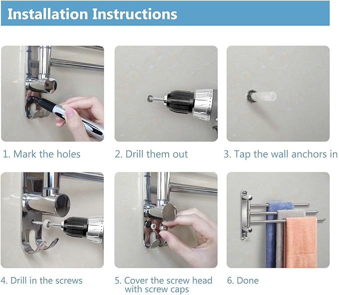 Bathroom Towel Rack JSVER 3 Arms Extended Towel Holder, Swivel Towel Bar, SUS304 Stainless Steel Space Saving Towel Racks for Bathroom, Kitchen