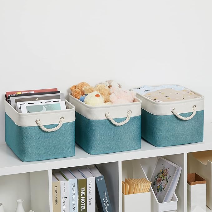 Bidtakay Basket Storage Bins with Handles Fabric Large Storage Baskets for Organizing Set of 3 Collapsible Rectangular Basket for Shelves Closet Organizer 15 X 11 X 9.5 Inches(White&Teal Blue)