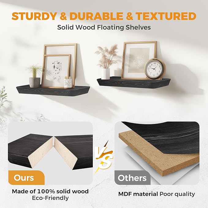 16"x6.8"x1.6" Slanted Floating Wall Shelves 2-Pack - Rustic Black Finish, Heavy-Duty Solid Wood Design with Hidden Brackets - Perfect for Living Room, Kitchen, Bathroom, or Office