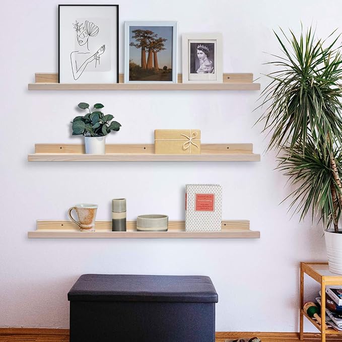 AZSKY 36 Inch Picture Ledge Shelf Solid Wood Large Floating Shelves Wall Mounted Rustic Natural Shelves for Home, Living Room, Bedroom, Bathroom, Office 3 Same Sizes