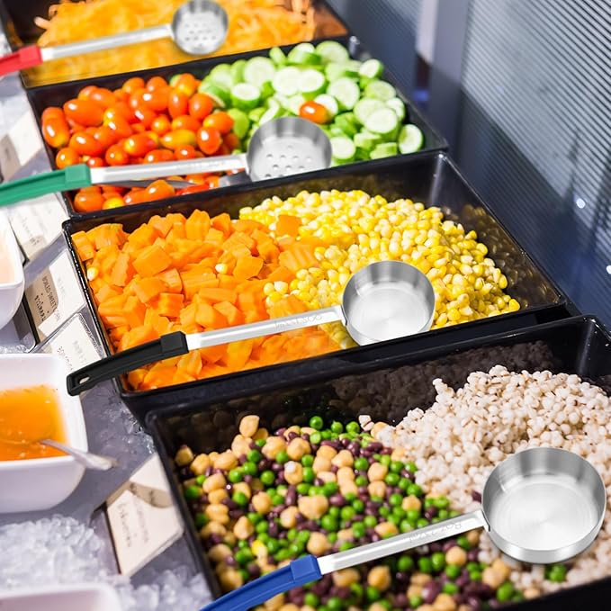 16 Pcs Portion Control Serving Spoons, Restaurant Measuring Serving Ladle Utensils, Portion Control Slotted Scoops for Weight Loss, Solid and Perforated Scoops(4 Colors,4 Sizes)