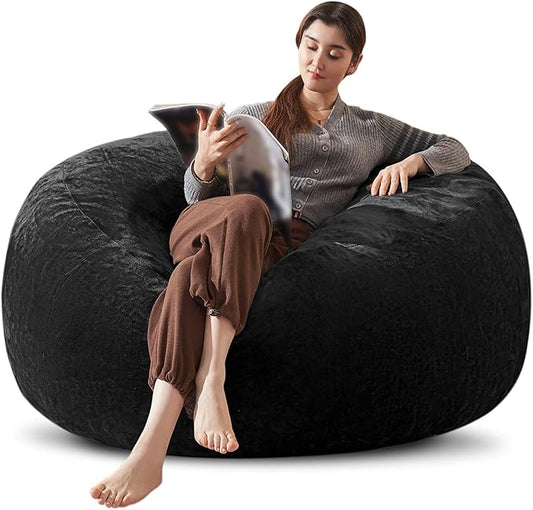 Bean Bag Chair 4Ft, Memory Foam Filled, Large Beanbag Chairs for Adults and Teens, Soft Sofa with Removable Flannel Cover, Round Couch for Living Room Bedroom College Dorm (Black, 4FT-47×47"×24")