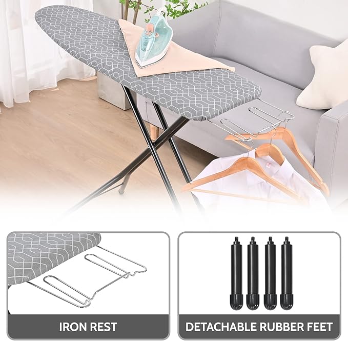 APEXCHASER Full Size Ironing Board with Iron Rest, Lightweight Iron Board with Height Adjustable, Extra Thick Heat-Resistant Cover with Padding, Heavy-Duty Sturdy Metal Legs, 43x13 Grey
